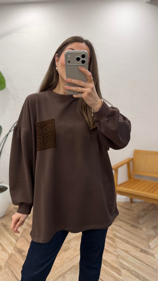 KOYU KAHVE 3189 ÖRME DETAY SWEATSHİRT
