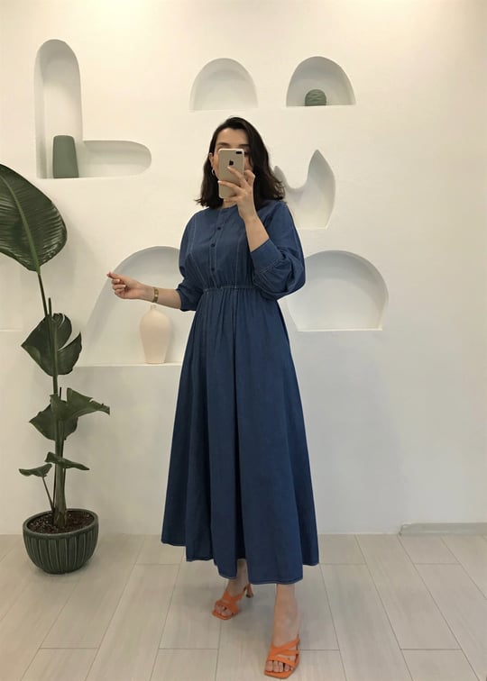 KOYU MAVİ KOT ELBİSE