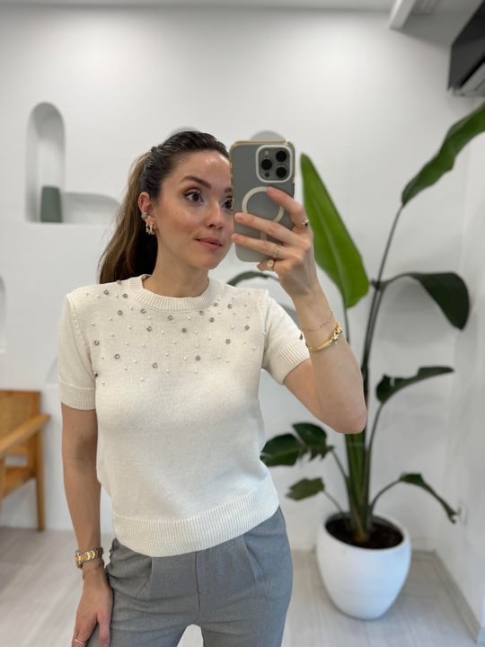 KREM 4382 KISA KOL TAŞLI TRİKO 