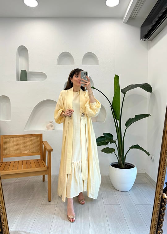 KREM 4853 İŞLEMELİ TENCEL KAFTAN