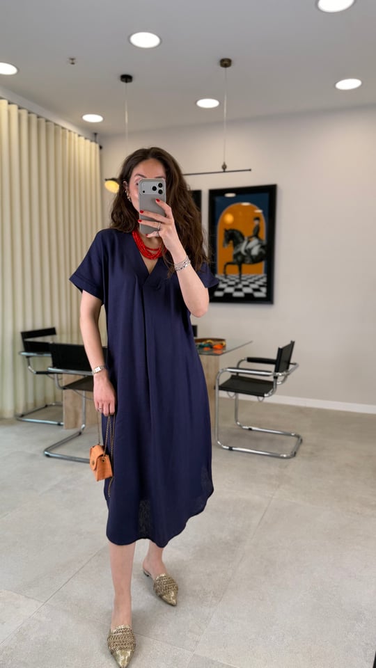 LACİVERT 3414 KETEN ELBİSE