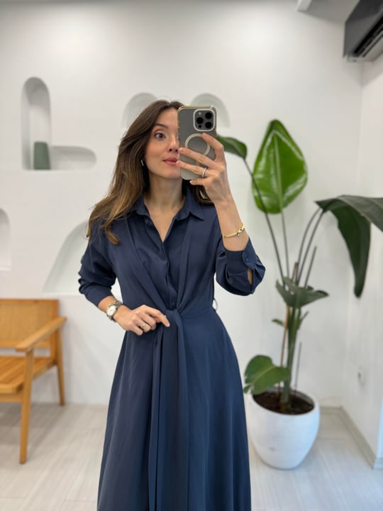 LACİVERT 5714 BAĞLAMALI TENCEL ELBİSE