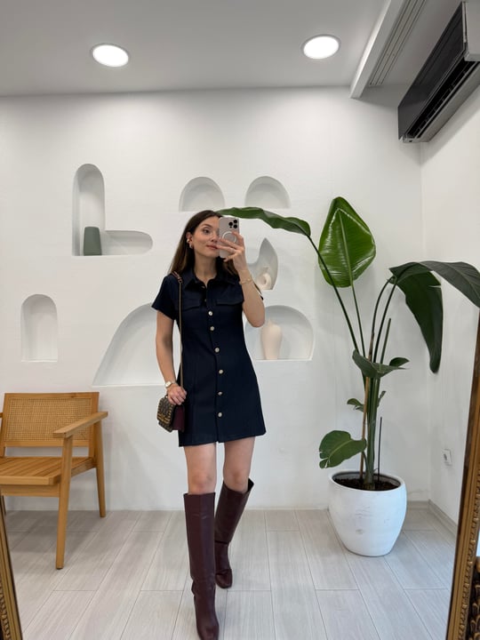 LACİVERT 90905 DÜĞMELİ KISA ELBİSE