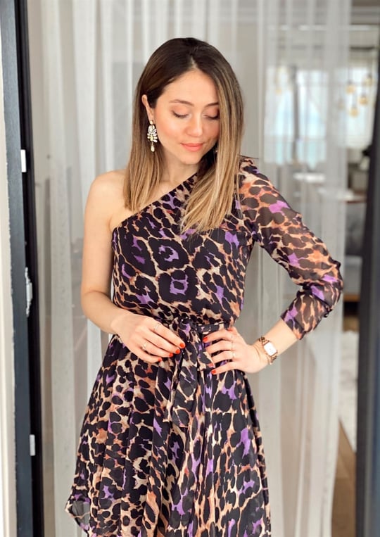 LEOPAR TEK OMUZ ELBİSE