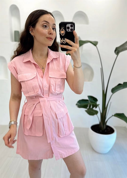 PEMBE 1293 KEMERLİ ELBİSE 