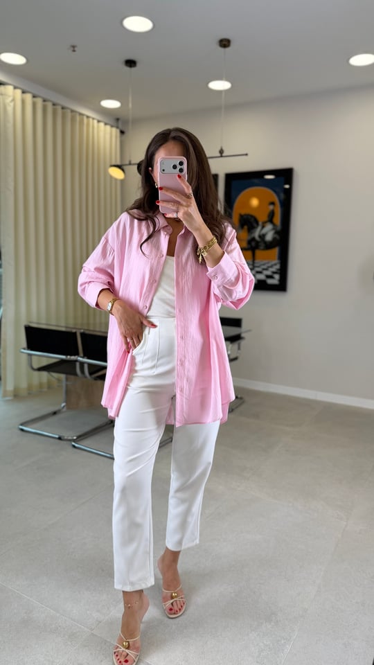 PEMBE 6944 KETEN GÖRÜNÜMLÜ GÖMLEK