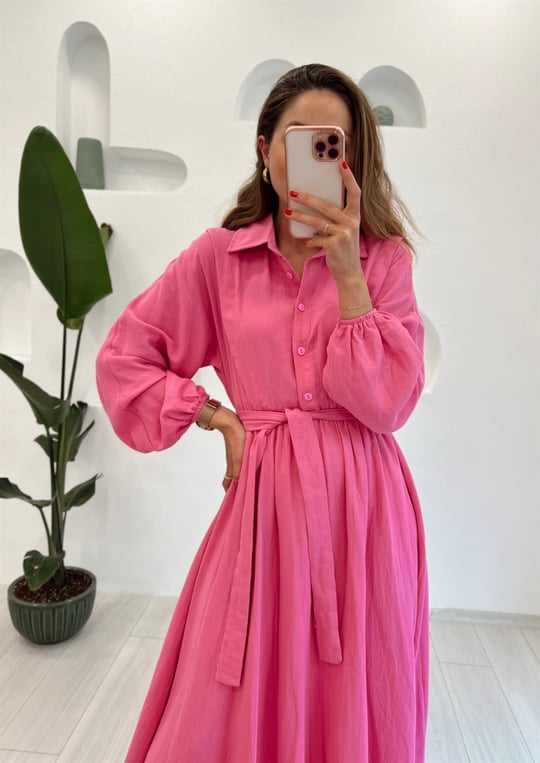 PEMBE KETEN ELBİSE