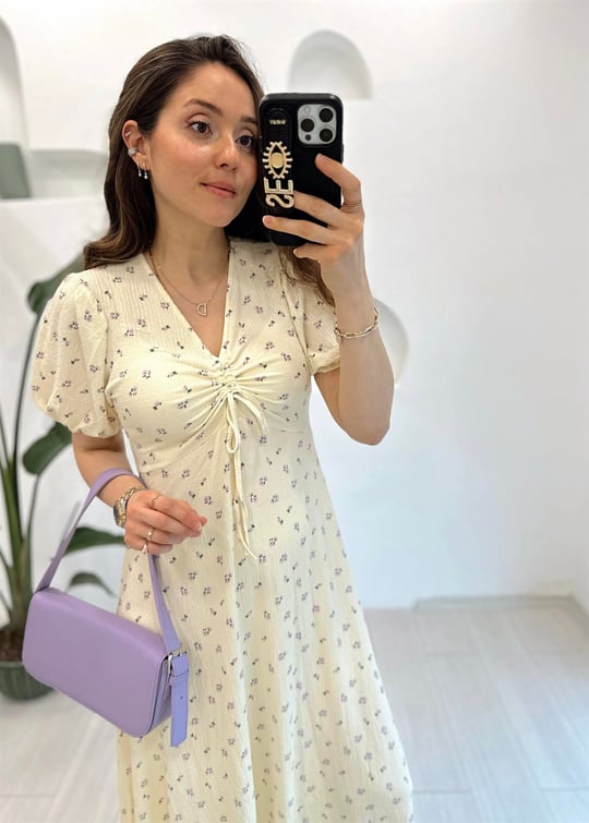 SARI 5642 ÇİÇEK DESEN ELBİSE