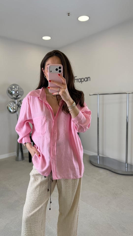 ŞEKER PEMBE 4612 OMZU DÜŞÜK OVERSİZE GÖMLEK  