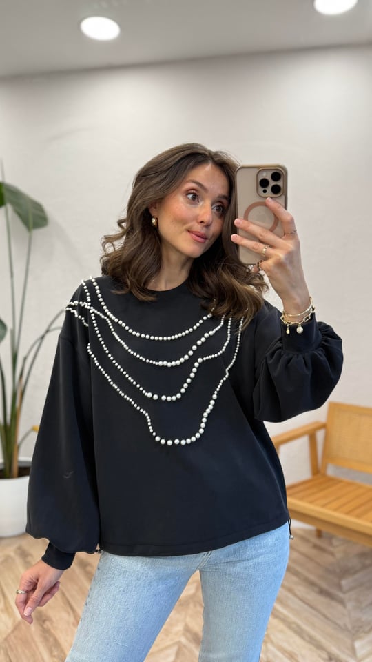 SİYAH 3083 İNCİ DETAY SWEATSHİRT