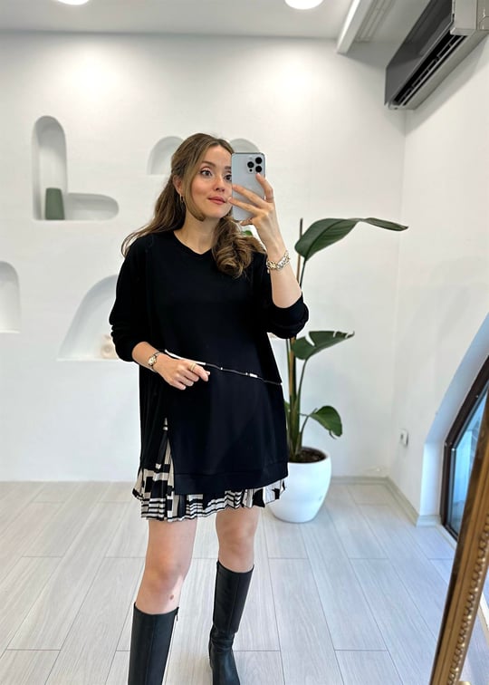 SİYAH 4153 ETEK UCU SATEN DETAY TUNİK