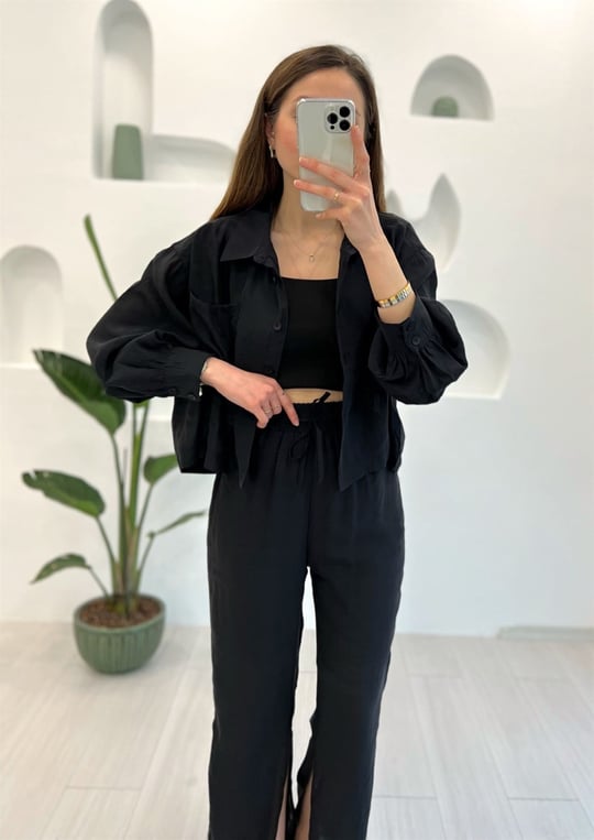 SİYAH CROP GÖMLEK PANTOLON TAKIM