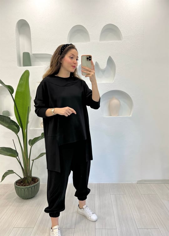 SİYAH FİLE DETAY PANTOLON TAKIM