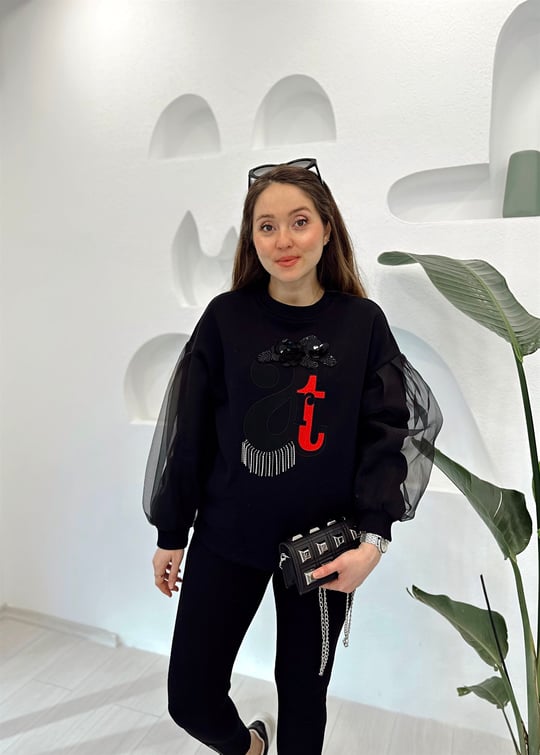 SİYAH ORGANZE KOLLU SWEAT