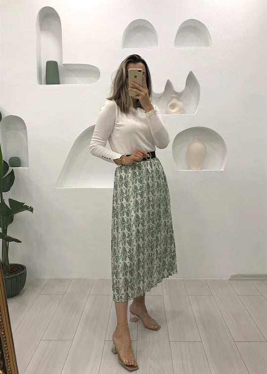 YEŞİL ETNİK DESEN PİLİSELİ ETEK