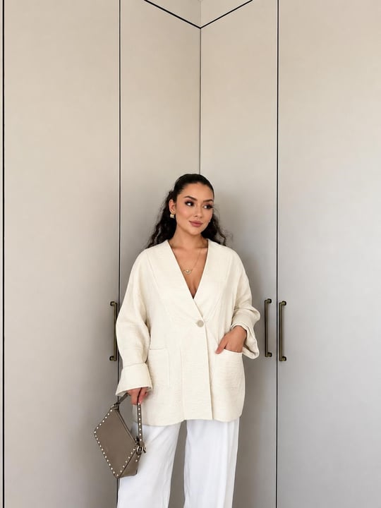 HR-2848H&R ButikMıs- Ejala Ön Tek Düğmeli Ceket Ekru