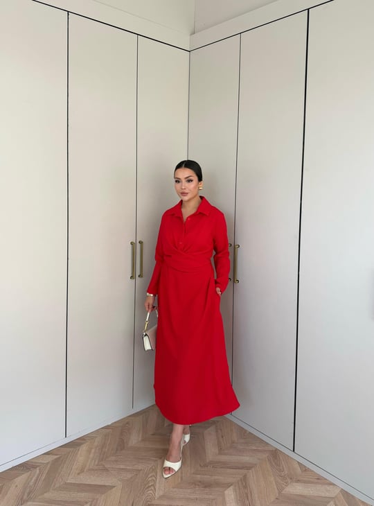 HR-2717H&R ButikMıs- Alara Çapraz Bağlamalı Elbise Kırmızı