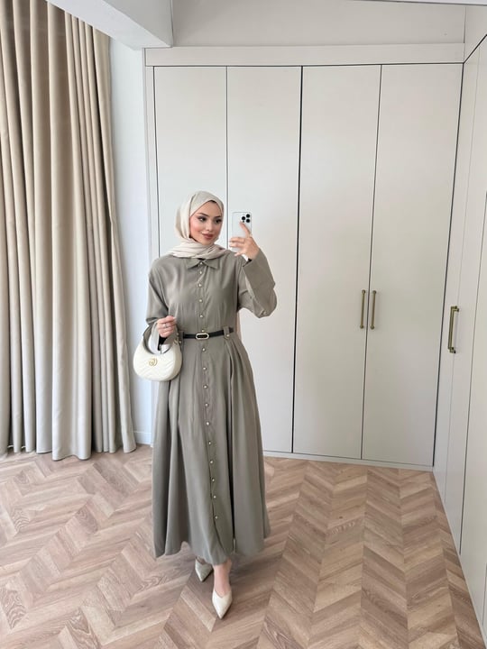 HR-0855H&R ButikMoi- Seli Bel Detaylı Elbise Haki