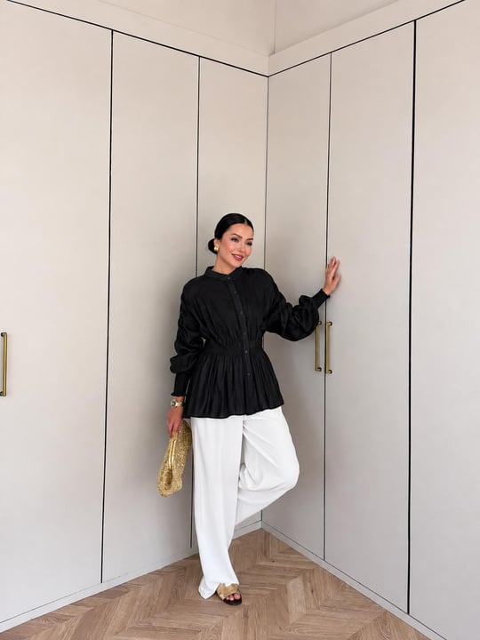 HR-2845H&R ButikMıs- Gelas Kol Büzgülü Vual Gömlek Siyah
