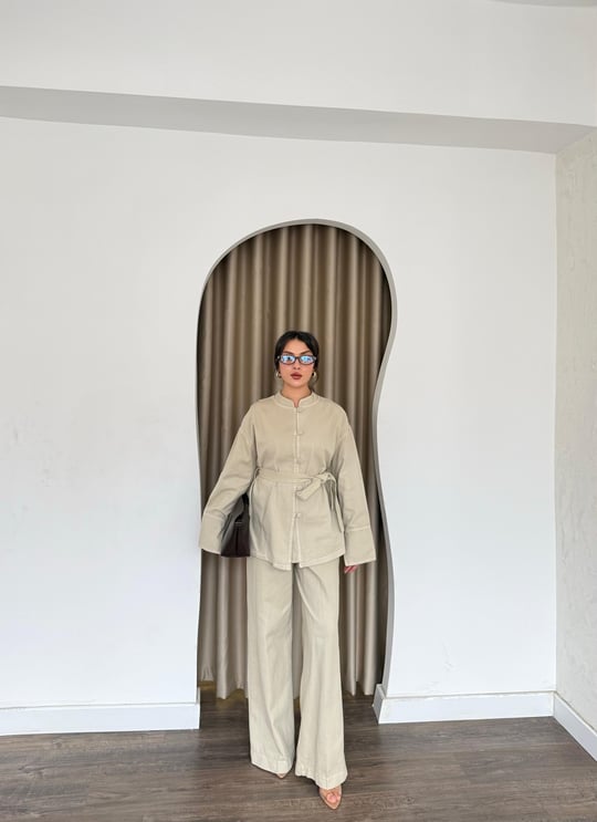 HR-3109H&R ButikHen- Tima Ön Düğmeli Gabardin Takım Bej