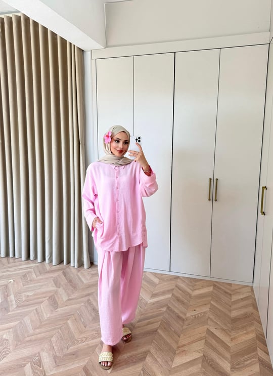 HR-0987H&R ButikMB - Dişla Keten Takım Pembe
