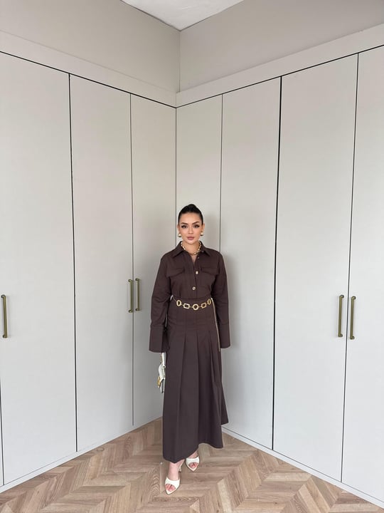TAKM-2302H&R ButikPol-Alis Keten Etekli Takım Kahverengi