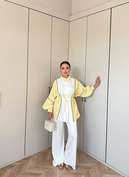HR-2833H&R ButikPw - Nesa Çizgi Detaylı Oysh Takım Sarı