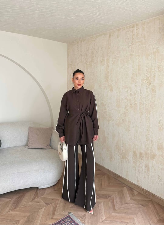 HR-0794H&R ButikPW - Neva Çizgi Detaylı Modal Takım Acı Kahve