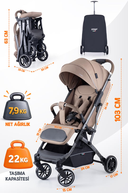 Prego Lotus Pro Kabin Boy Travel Bebek Arabası -Tek Elle Katlanır-Hafif -UV Tenteli -Yağmurluk-Örtü-Kılıf Kahve