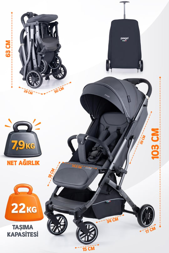 Prego Lotus Pro Kabin Boy Travel Bebek Arabası -Tek Elle Katlanır-Hafif -UV Tenteli -Yağmurluk-Örtü-Kılıf Füme