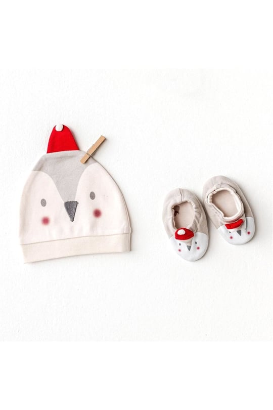 Andywawa Bebek Hat Bottie Penguin Şapka Patik Set Ekru AC25348