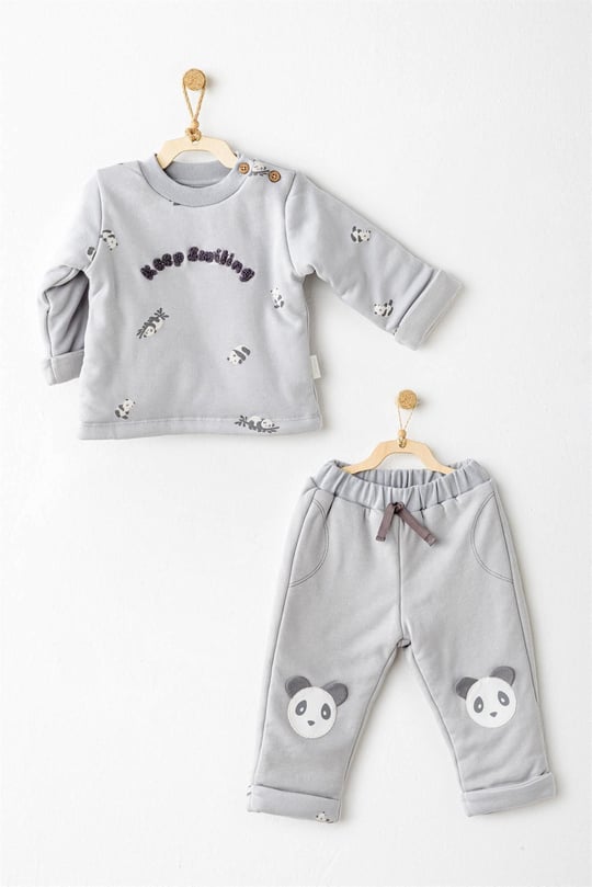 Andywawa Bebek Keep Smiling Dolgulu Alt Üst Takım Gri AC26028