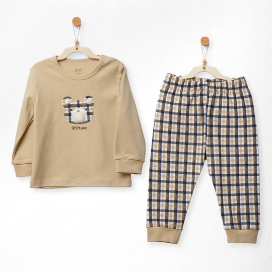 Andywawa Erkek Bebek Little Dreamers Ekoseli Ayıcık Baskılı Pijama Takımı Bej AC27148