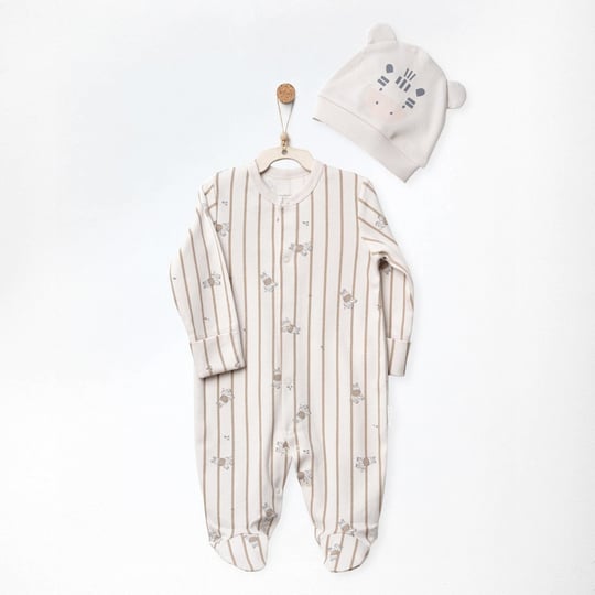 Andywawa Erkek Bebek Romper Hat Set ZZZ Zebra Şapkalı Patikli Tulum Bej AC27282