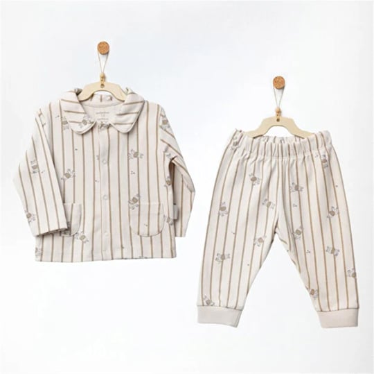 Andywawa Erkek Bebek ZZZ Zebra Çizgili Pijama Takımı Bej AC27283