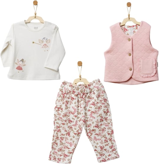 Andywawa Kız Bebek Floral Dreams 3'lü Çiçekli Yelek Alt Üst Takım Pembe AC27004
