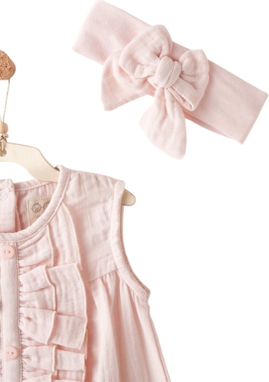 Andywawa Kız Bebek Lovely Day Müslin Saç Bantlı Tulum Pembe AC26613