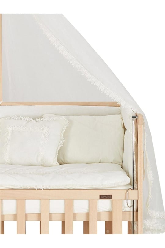 Baby Tech Extra Naturel Ahşap Tekerlekli Anne Yanı Beşik Yataklı (Krem Uyku Seti)