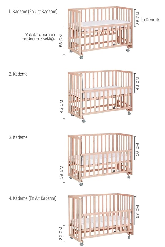 Baby Tech Extra Naturel Ahşap Tekerlekli Anne Yanı Beşik Yataklı (Krem Uyku Seti)