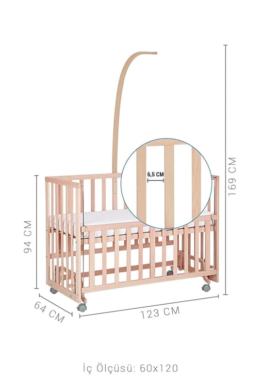 Baby Tech Extra Naturel Ahşap Tekerlekli Anne Yanı Beşik Yataklı (Krem Uyku Seti)