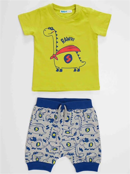 Denokids Erkek Bebek Super Dino T-shirt Pantolon Takım CFF-23Y2-023
