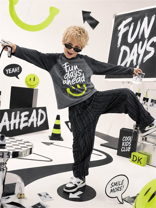 Denokids Erkek Çocuk Fun Days Çizgili Pantolon Üst Takım Antrasit CFF-26S1-021