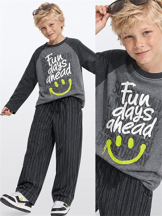 Denokids Erkek Çocuk Fun Days Çizgili Pantolon Üst Takım Antrasit CFF-26S1-021