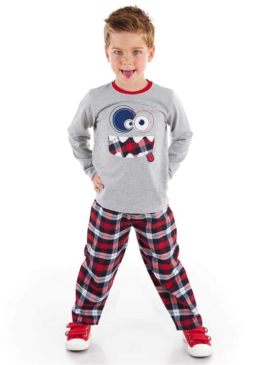 Denokids Erkek Çocuk Gülenyüz Ekose T-shirt Pantolon Takım CFF-21S1-019