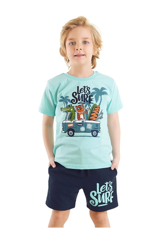 Denokids Erkek Çocuk Let's Surf T-shirt Şort Takım Mavi CFF-24Y2-009