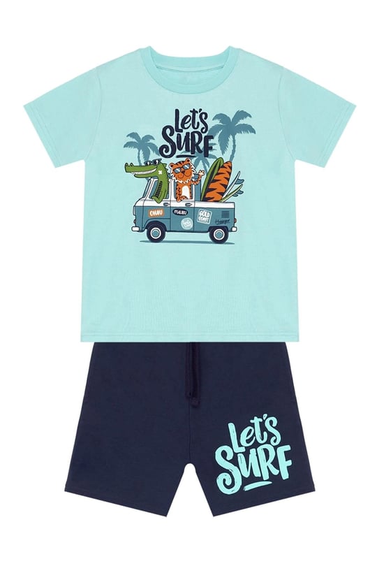 Denokids Erkek Çocuk Let's Surf T-shirt Şort Takım Mavi CFF-24Y2-009