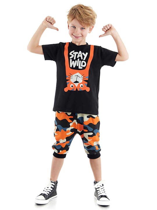 Denokids Erkek Çocuk Stay Wild T-shirt Kamuflaj Kapri Pantolon Takım CFF-23Y1-003