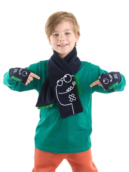 Denokids Erkek Çocuk Tırtıl Dinazor Polar Atkı ve Parmaksız Eldiven Takım Lacivert CFF-22S1-119