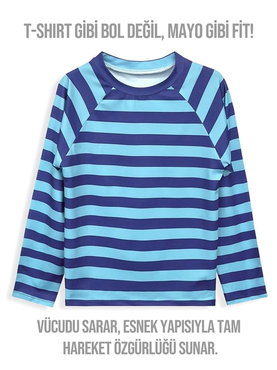 Denokids Erkek Çocuk UV Korumalı Çizgili Mayo Tişört Mavi CFF-25Y1-171