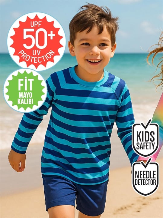 Denokids Erkek Çocuk UV Korumalı Çizgili Mayo Tişört Mavi CFF-25Y1-171